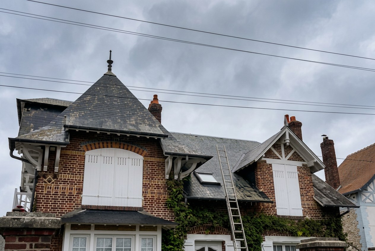 Toitures en ardoise et façades en brique typiques du bâti rouennais, chantier WT Couverture